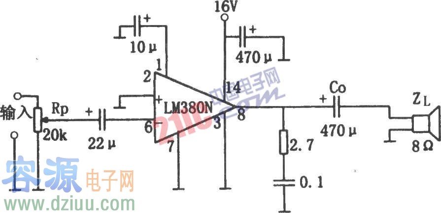 LM380構成的2W簡單音頻功率放大器電路