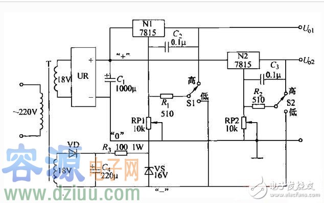 不用兩個整流橋。用一個即可,把2個18伏交流接到整流橋的交流輸入端,把變壓器抽頭0伏接地線(線路板的地線),整流橋直流輸出+ -端接電容器濾波,電容器2個串聯之后正極接整流橋正極+,電容器負極接整流橋負極-,2個串聯的電容器中間引出一根線接地線,也就是雙18伏交流的抽頭。這樣就可以在直流輸出端得到正負20伏的雙電源了。
