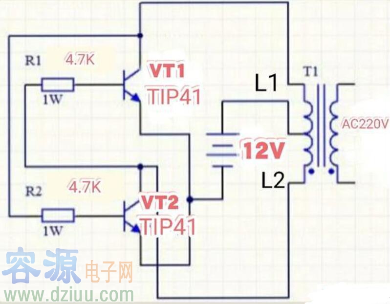 兩個三極管構(gòu)成的<a href=http://www.flswjt.cn/nbq/ target=_blank class=infotextkey>逆變器電路圖</a>
