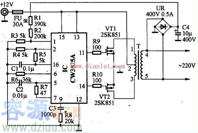 基于CW3525A設(shè)計(jì)的<a href=http://www.flswjt.cn/nbq/15411258992273.shtml target=_blank class=infotextkey>車載逆變器</a>電路圖
