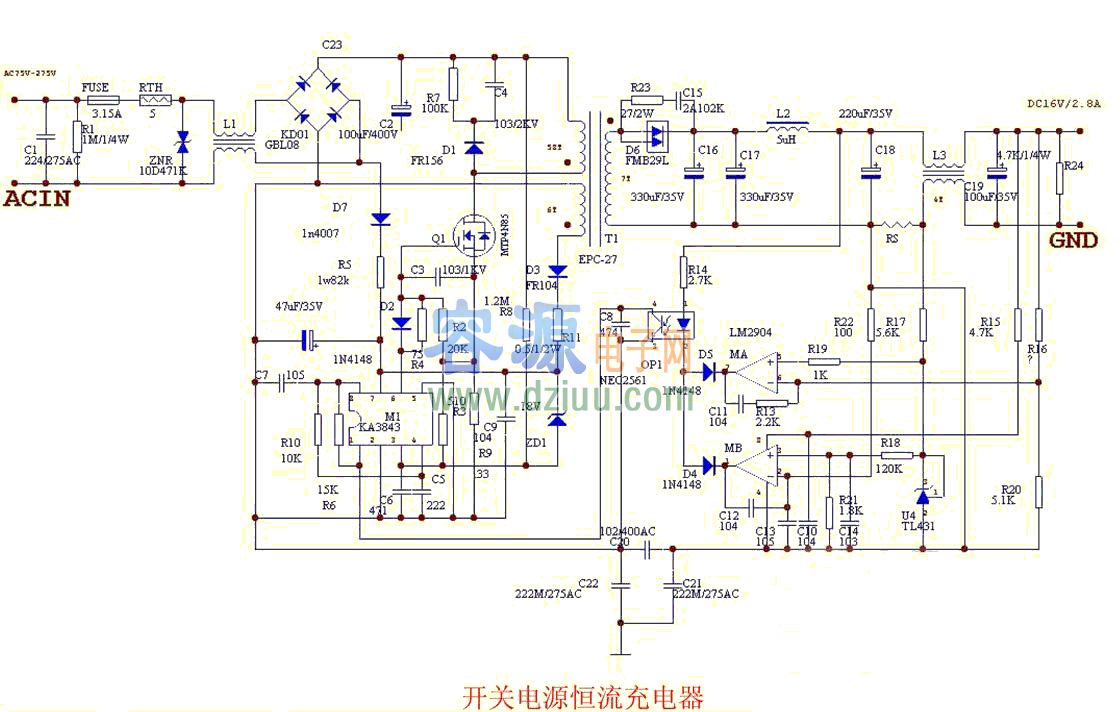 開關電源恒流充電器電路圖(KA3842)