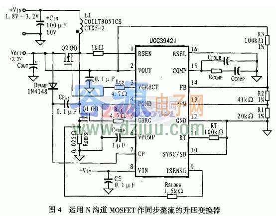 1.8V轉(zhuǎn)3.3V升壓變換器電路(集成電路UCC39421)