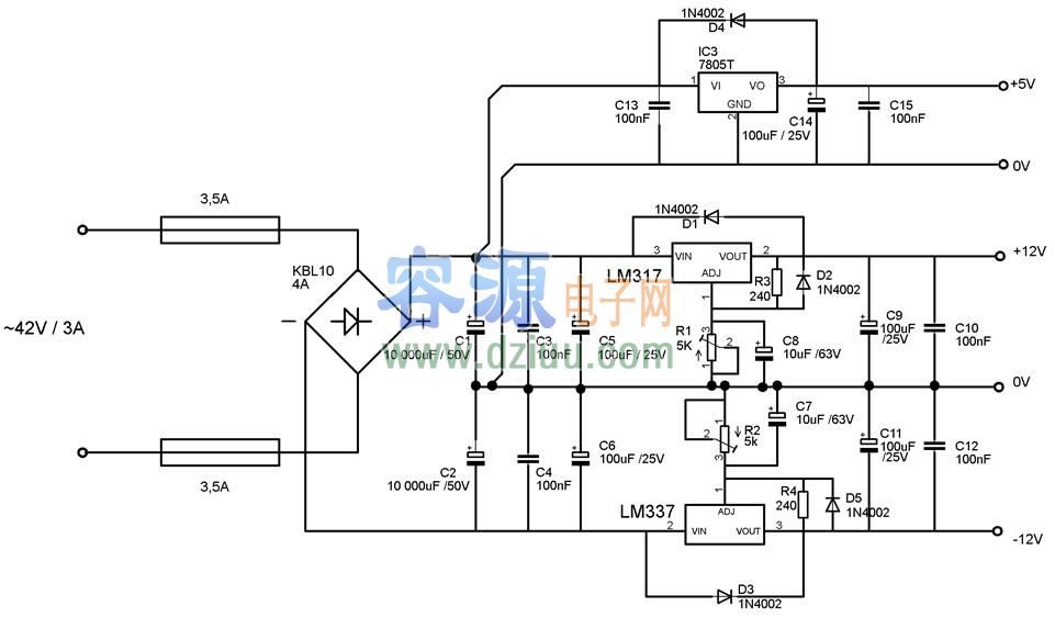 L7805CV、LM317、LM337三端集成穩(wěn)壓應(yīng)用電路圖